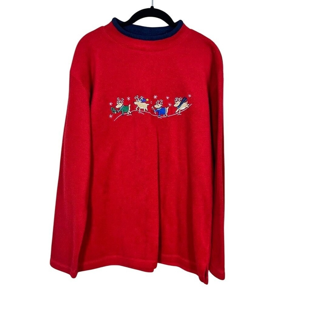 Retro Christmas Sweater M Red Fleece Festive Holiday Embroidery Grandma Chic 80s